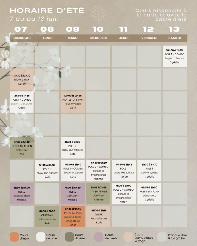Horaire des cours — Studio Innerbloom